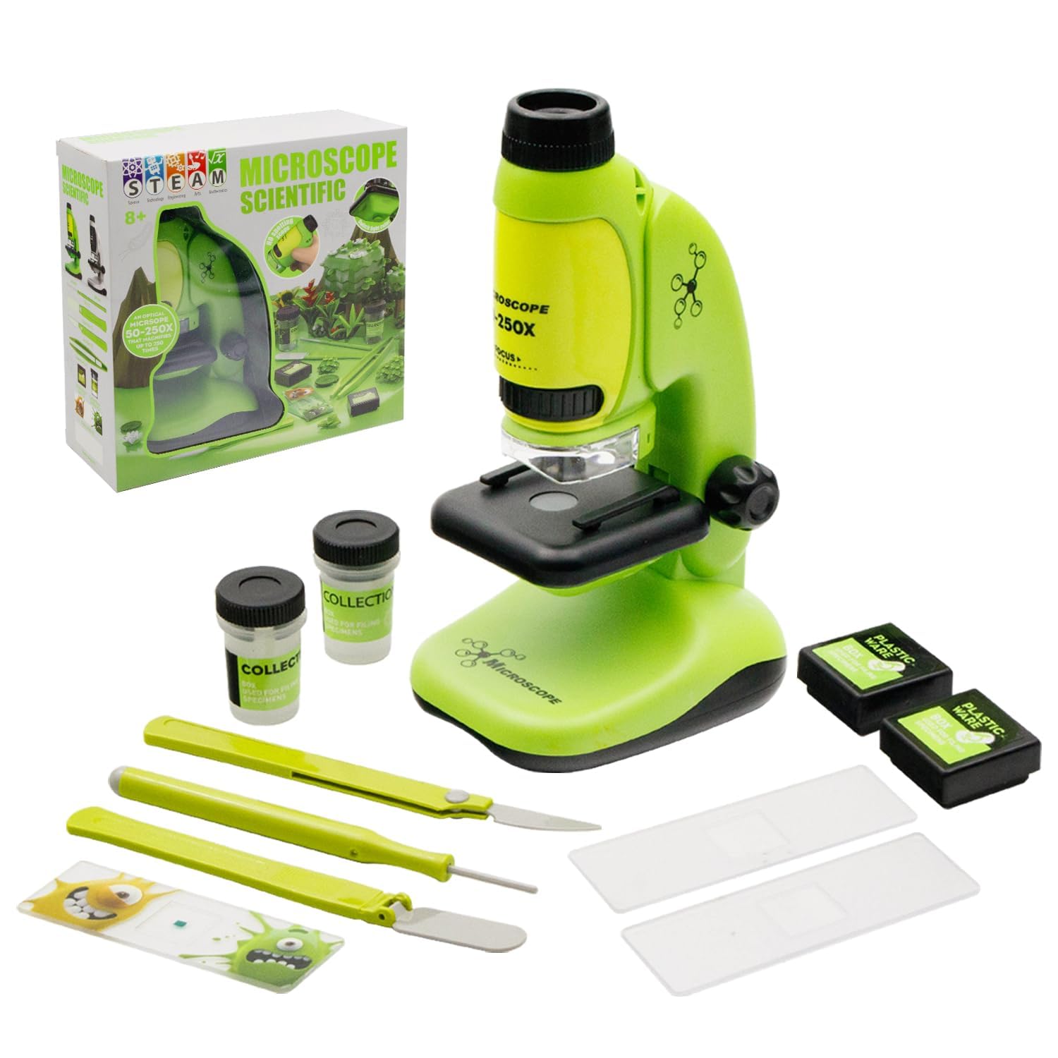 KASTWAVE 2 in 1 Microscope for Kids with Detachable Mini Pocket Microscope 50X-250X Slides Specimens & Colorful LED Light Experiments Educational Toys STEM for Kids Student Ages 8+ Boys Girl Gifts