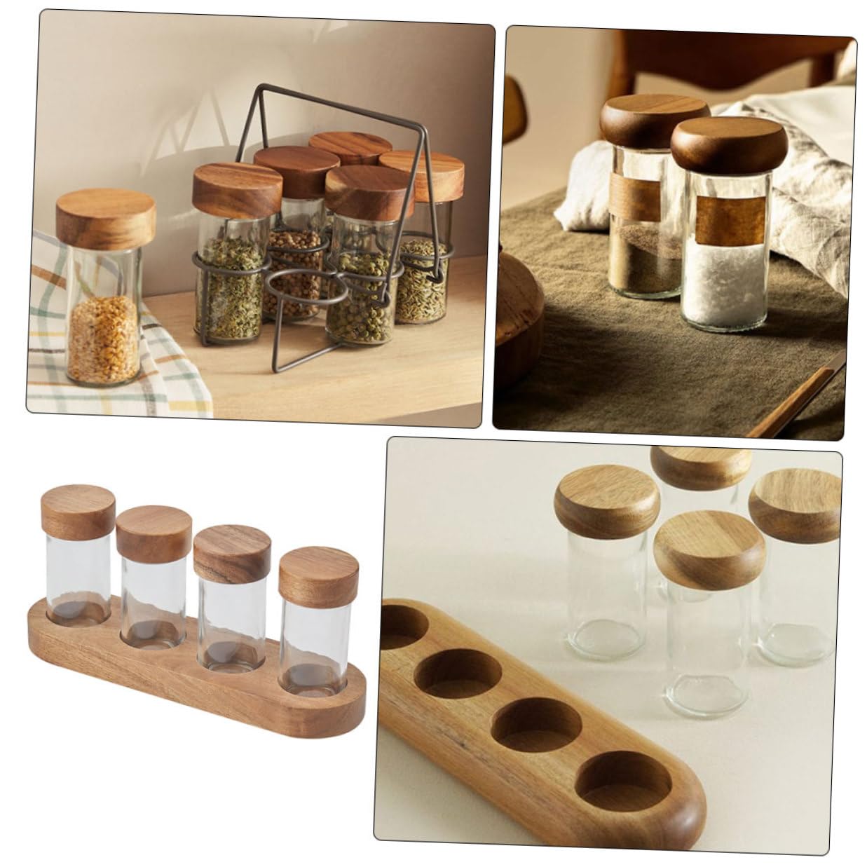 Gatuida Set Barattoli di Spezie in Vetro Trasparente 90ml con Coperchio in Legno di Acacia, Porta Condimenti Salvaspazio con Vassoio, Contenitori per Sale e Zucchero per Cucina Domestica
