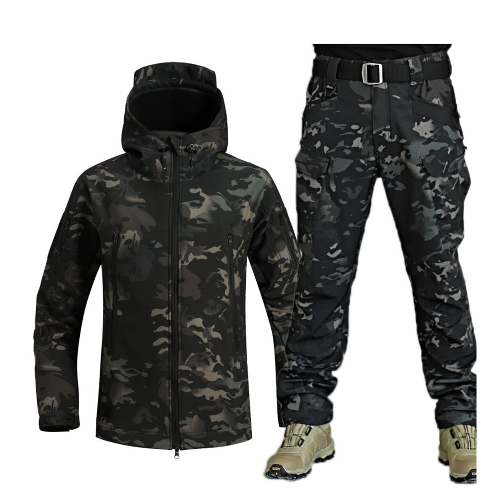 CLSQLXYJZC Completo Giacca E Pantaloni Da Uomo, Set Da 2 Pezzi Di Tuta Da Sci Con Cappuccio Mimetica Antivento Calda E Resistente All'usura, Tute Da Neve Per Sport All'aria Aperta Con Fascia