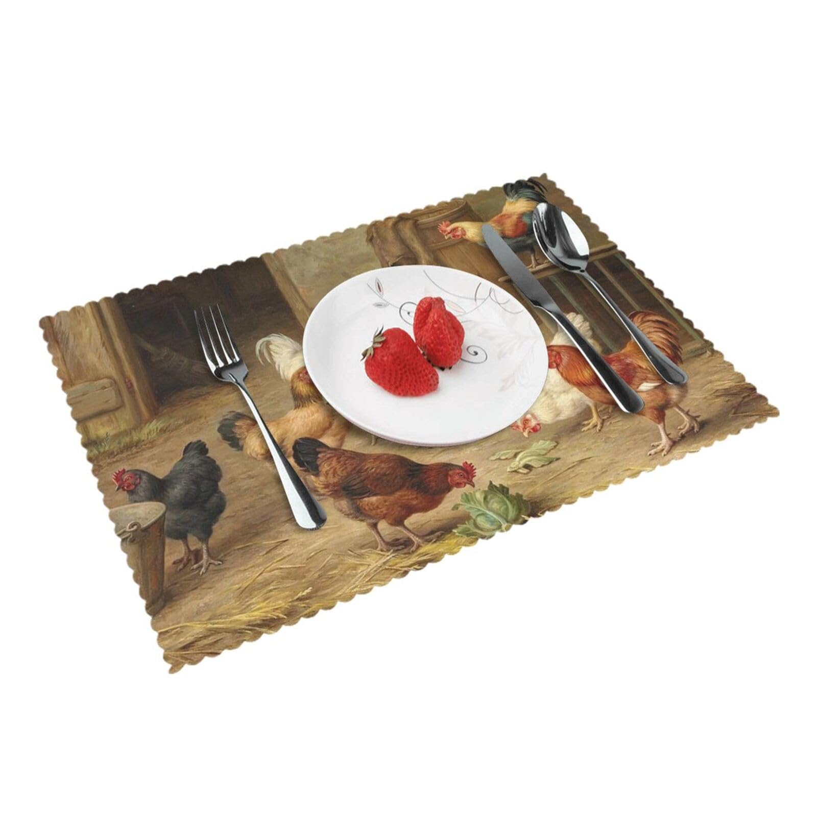 4 PCS Heat Resistant Placemat 45x30 CM, Farm Chickens Printed Non-Slip Place Mats for Kitchen Dining Table Indoor Outdoor