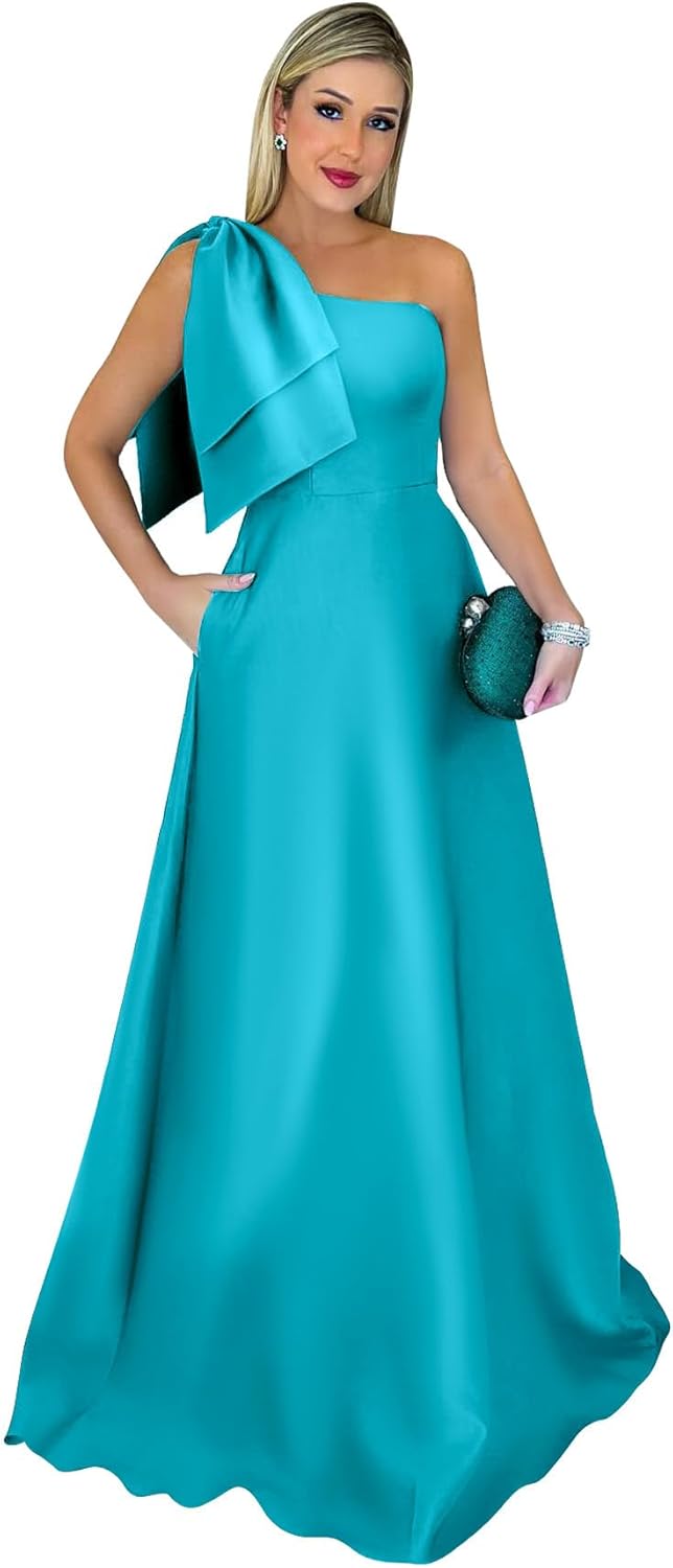 KDTM Satin Formal Dresses One Shoulder Mother of The Bride Dresses for Women Long A Line Evening Gowns with Pockets
