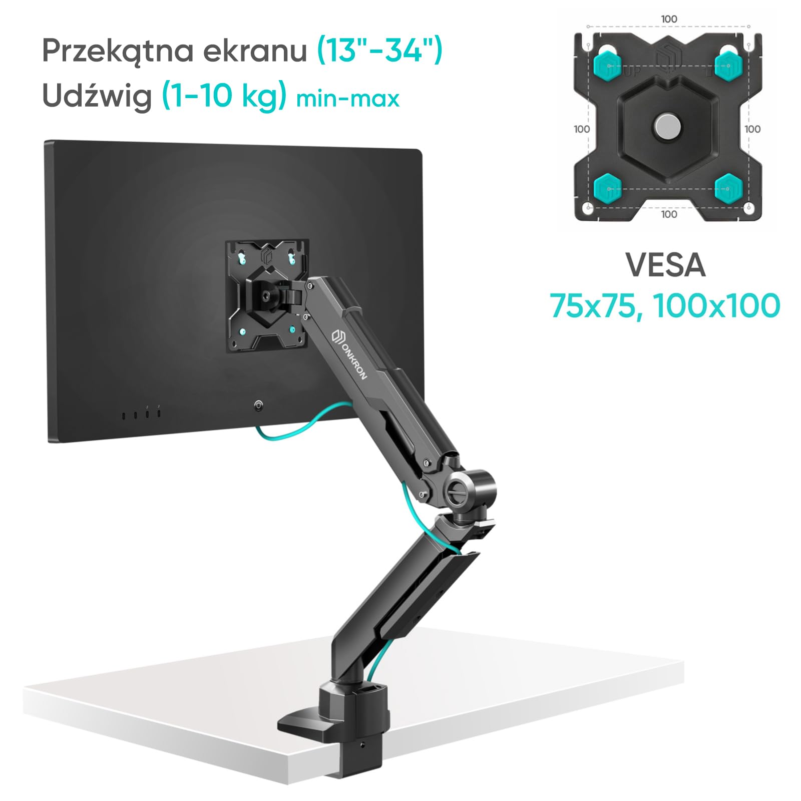 ONKRON Uchwyt do monitora 13-34 cali do 10 kg, uchwyt na ekran PC ze sprężyną gazową, uchwyt do monitora VESA 75 x 75-100 x 100, regulowane ramię monitora, kolor czarny G90-B