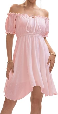 Womens Swiss Dot Dresses Off Shoulder Puff Sleeve Lace Up Elastic Waist Flowy Casual Party Irregular Mini Dress