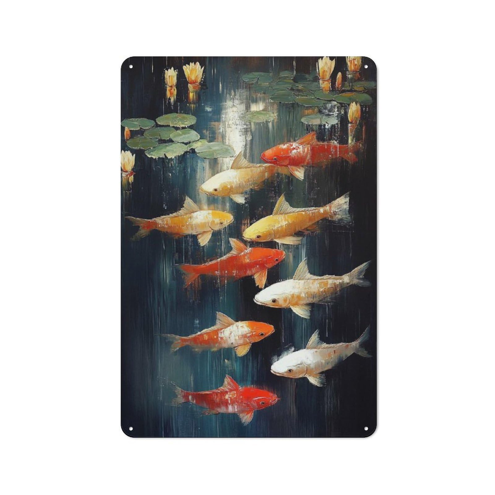 Koi Fish Pond Painting Industrial Metal Wall Decor 30x20cm, Tin Sign for Workshop, Basement, Shed Or Games Room