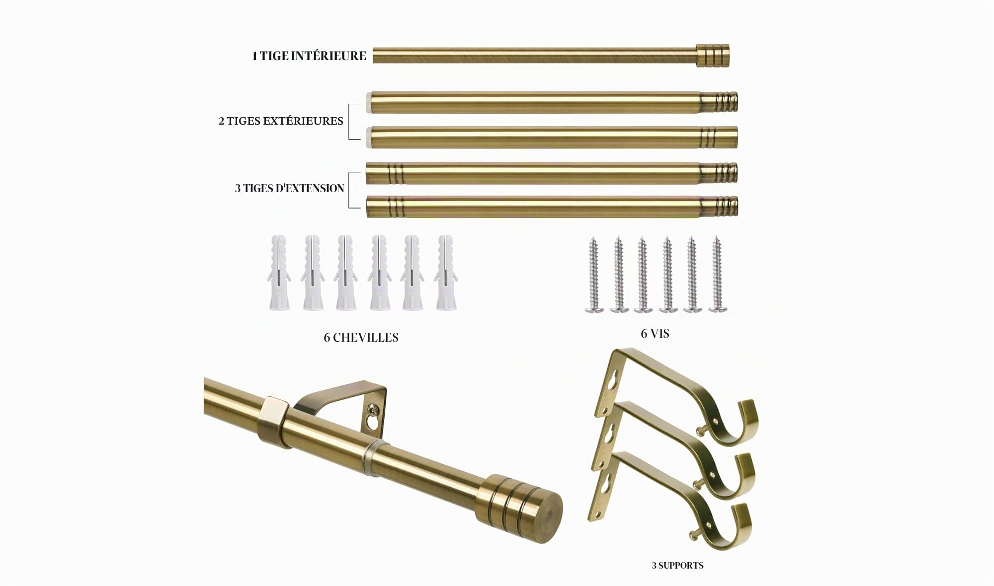 Tringle à rideaux extensible en laiton antique de 76 cm à 200 cm, rail réglable de 76,2 cm à 203,2 cm, poteaux, embouts d’extrémité, 3 supports