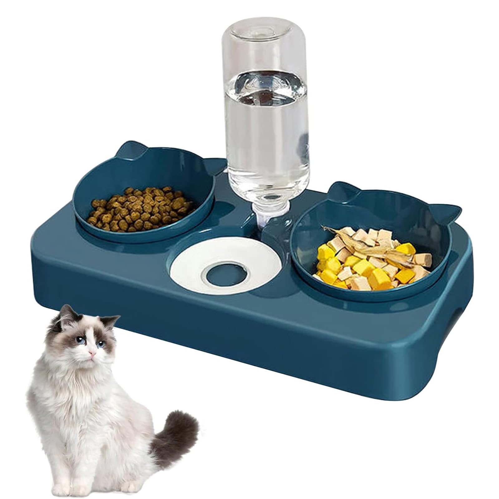 3 en 1 Cuenco del Gato Cuenco,Cuenco Doble para Mascotas,Comedero para Perro Gato,Agua de Gravedad y Cuenco de Comida Doble para Mascotas como Perros y Gatos (Azul)