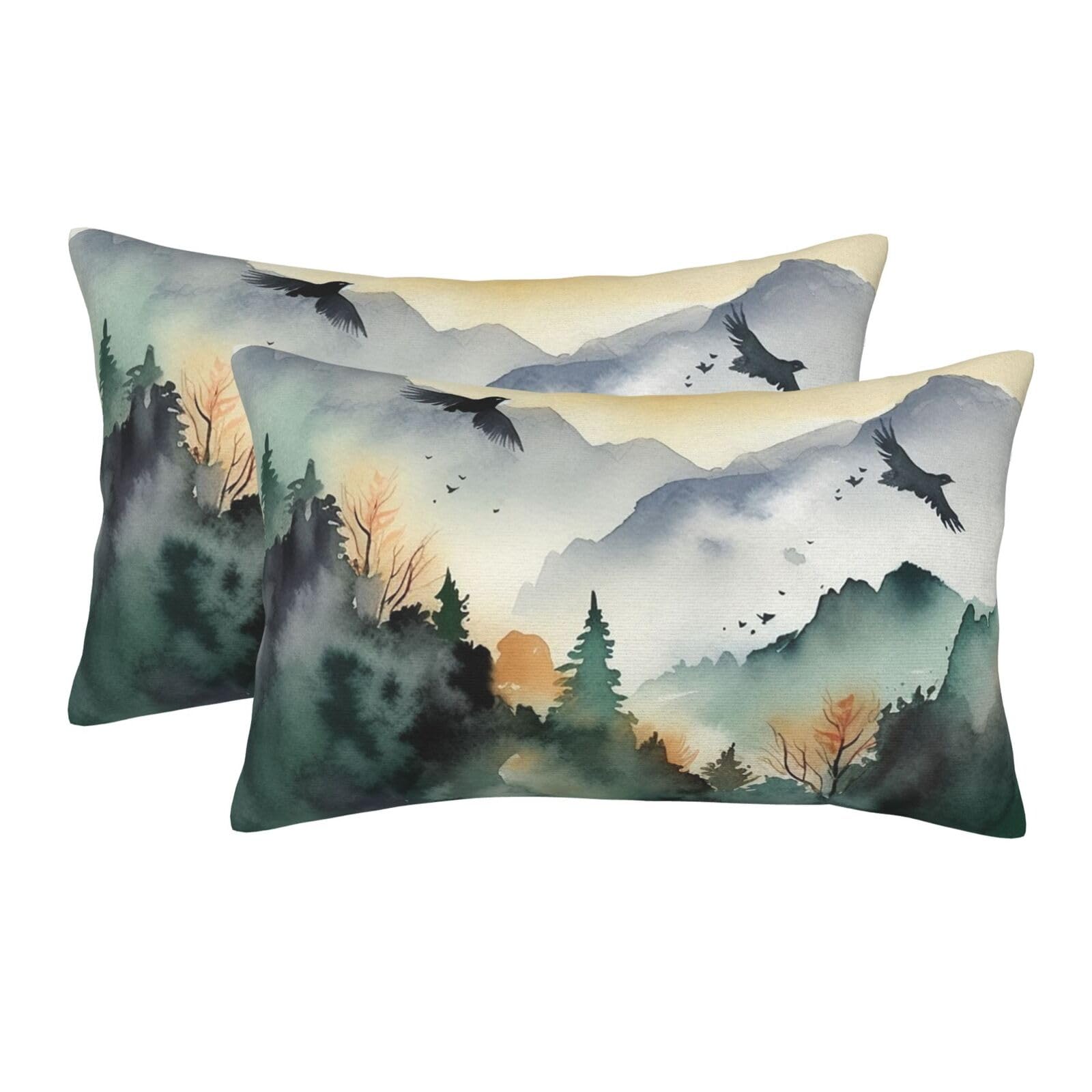 2 Pack Standard Size Pillow Cases for Hair and Skin Soft Breathable Pillow Case Covers with Hidden Zipper Mountain Birds Watercolor Pillowcase 14"x20" Pillow Cover for Sleeping Gift