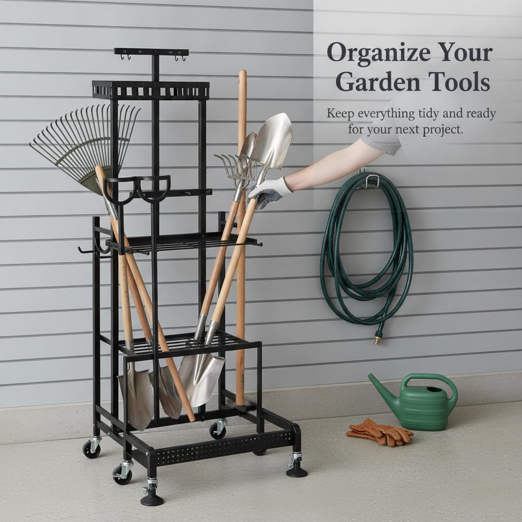 Rack Rangement pour Outils Jardin, Avec roues