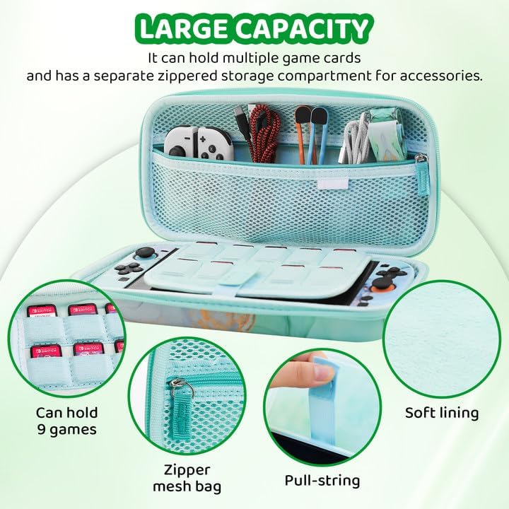 RHOTALL Green Carrying Bundle for Nintendo Switch 2 (2025), Shockproof Protective Hard Shell Cute Cover Case with Game Card Slots Accessories,Screen Protector,Shoulder Strap,2 Thumb Grips, Marble - Image 3