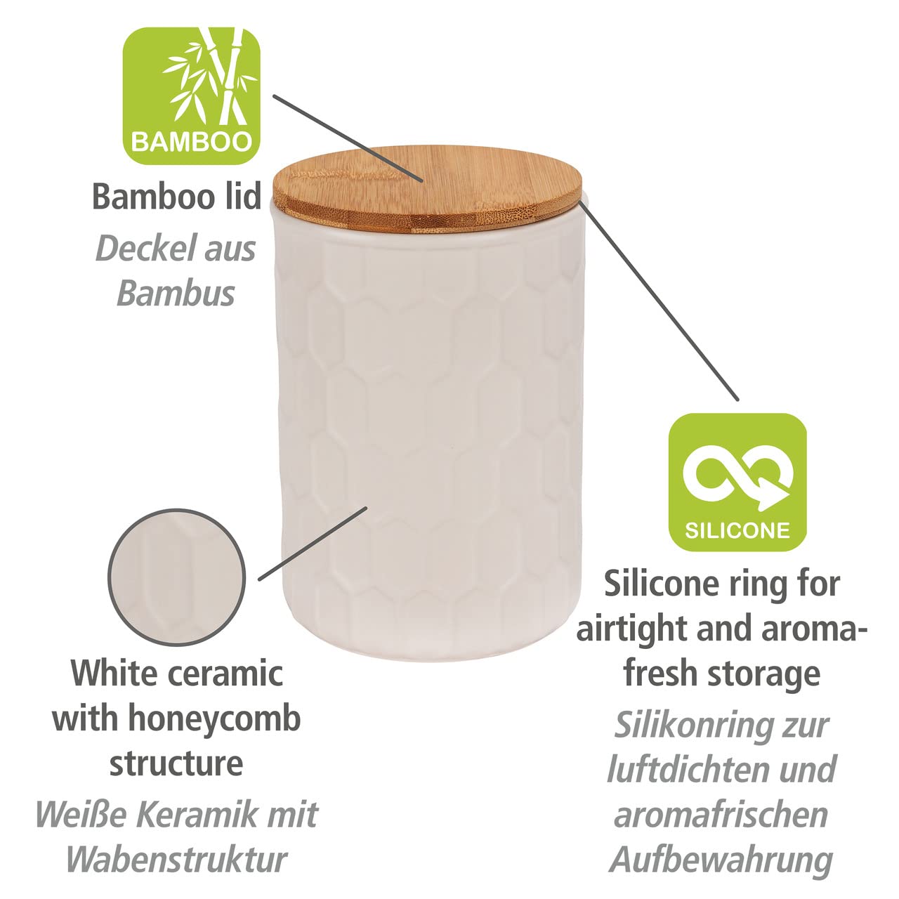 WENKO Tarro de almacenamiento Maya de cerámica blanca de calidad con estructura de panal, tarro apto para el lavavajillas con tapa hermética de bambú, certificado FSC®, 900 ml, Ø 11 x 16 cm