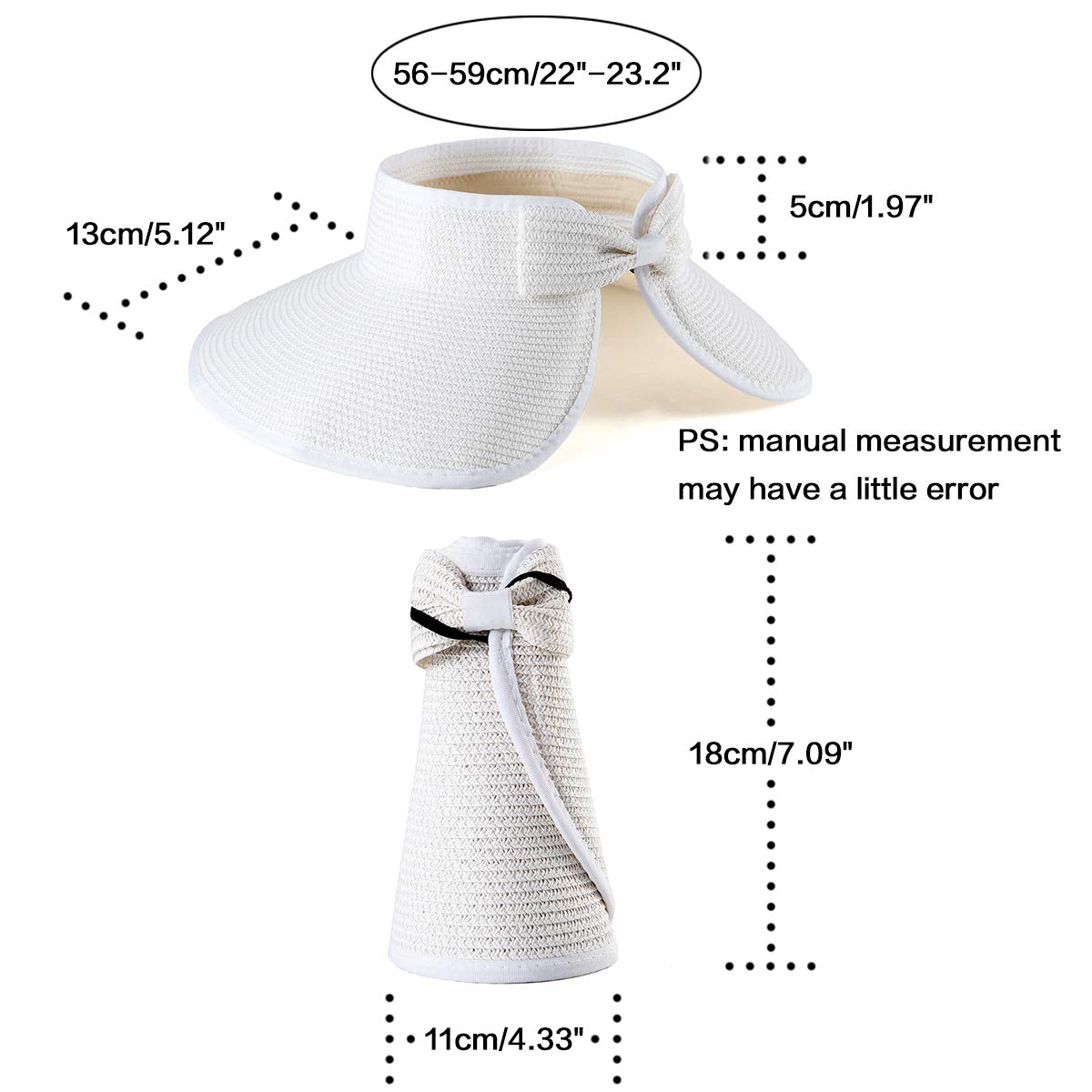 Viseras solares plegables para mujer, sombrero de paja de ala ancha para verano, playa, sombrero de paja enrollable, A01 Blanco, para 22-23.2(7, 7 1/8, 7 1/4) 4