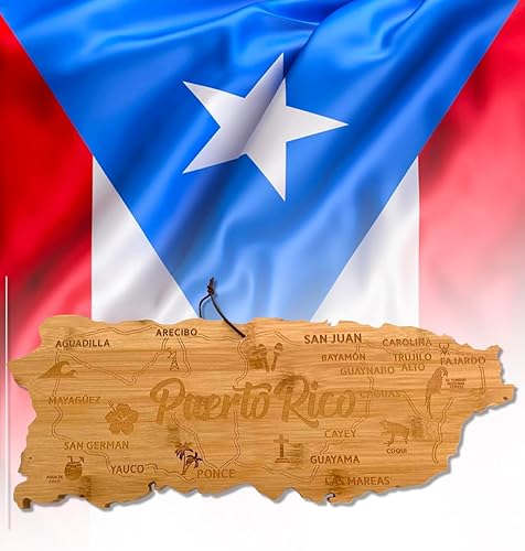 Tabla de cortar 100% bambú con forma de Puerto Rico y bandeja decorativa única de forma puertorriqueña Muestra tu amor de Boricua en cada evento.