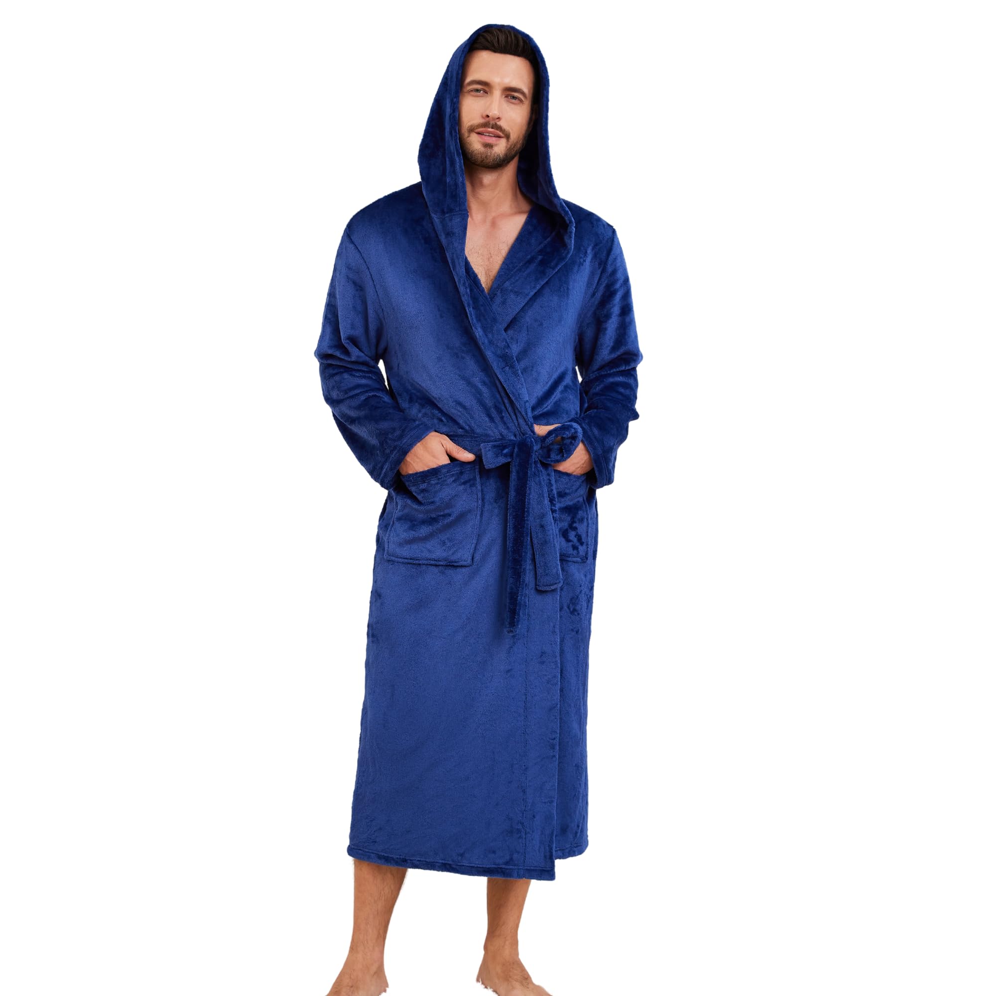 EK4YDNDSMens Hooded Fleece Robe, Lightweight Soft Warm Fleece Bathrobe Shower Spa Long Robe With Pockets