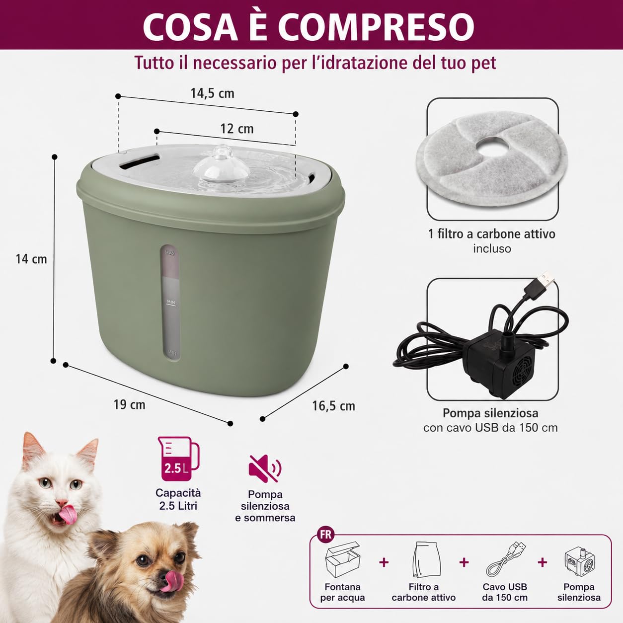 Fontana per Gatti e Cani 2,5 L con Filtro a Carbone Attivo Verde | Indicatore Livello Acqua, Funzionamento Silenzioso, 3 Filtri di Ricambio, Luce Indicatore, Dispenser Automatico