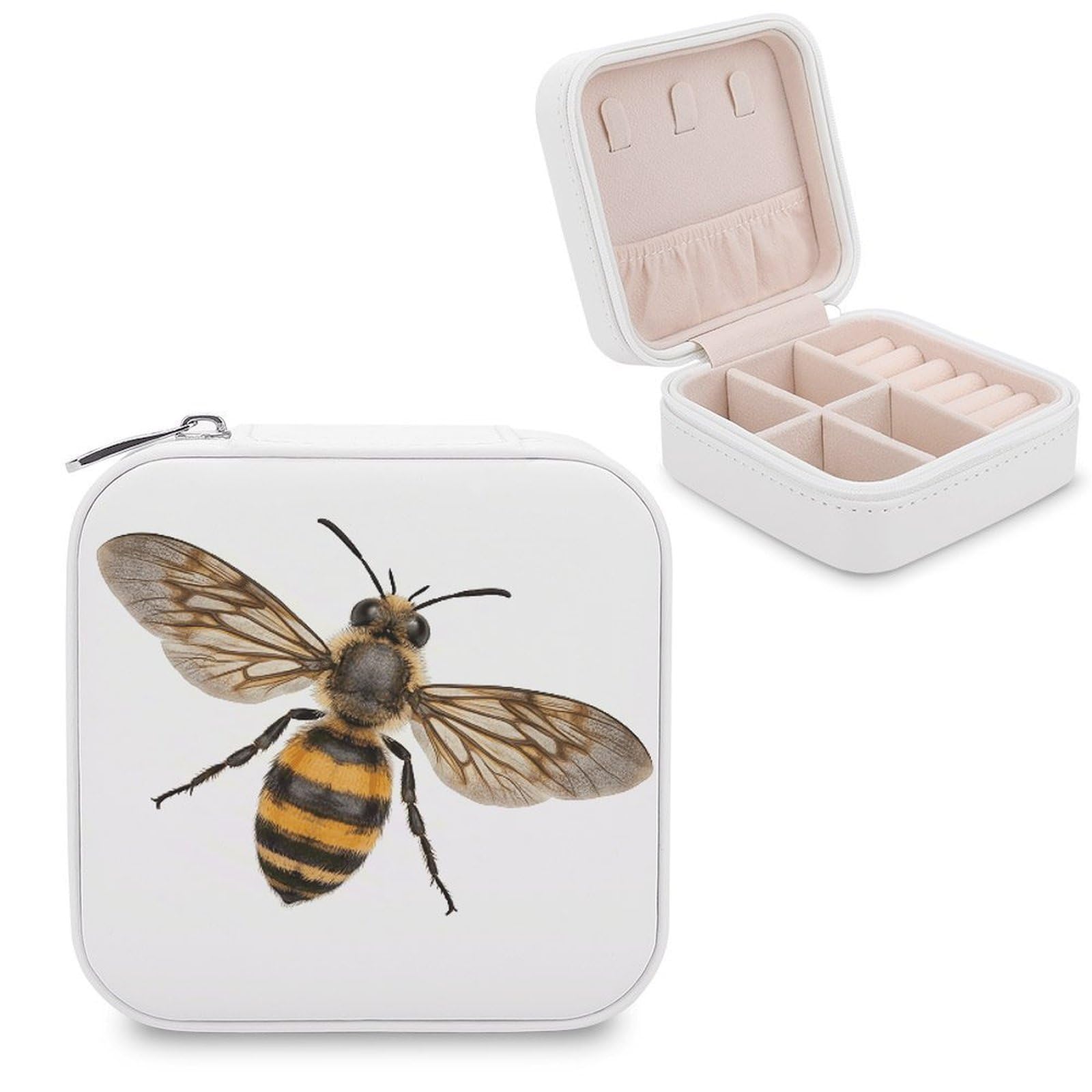 VstaDank Bee Jewelry Organizer Travel Case for Women With Zipper Mini Jewelry Case PU Leather Jewelrys Box for Rings Necklaces Bracelets Earring Holder Organizer Storage