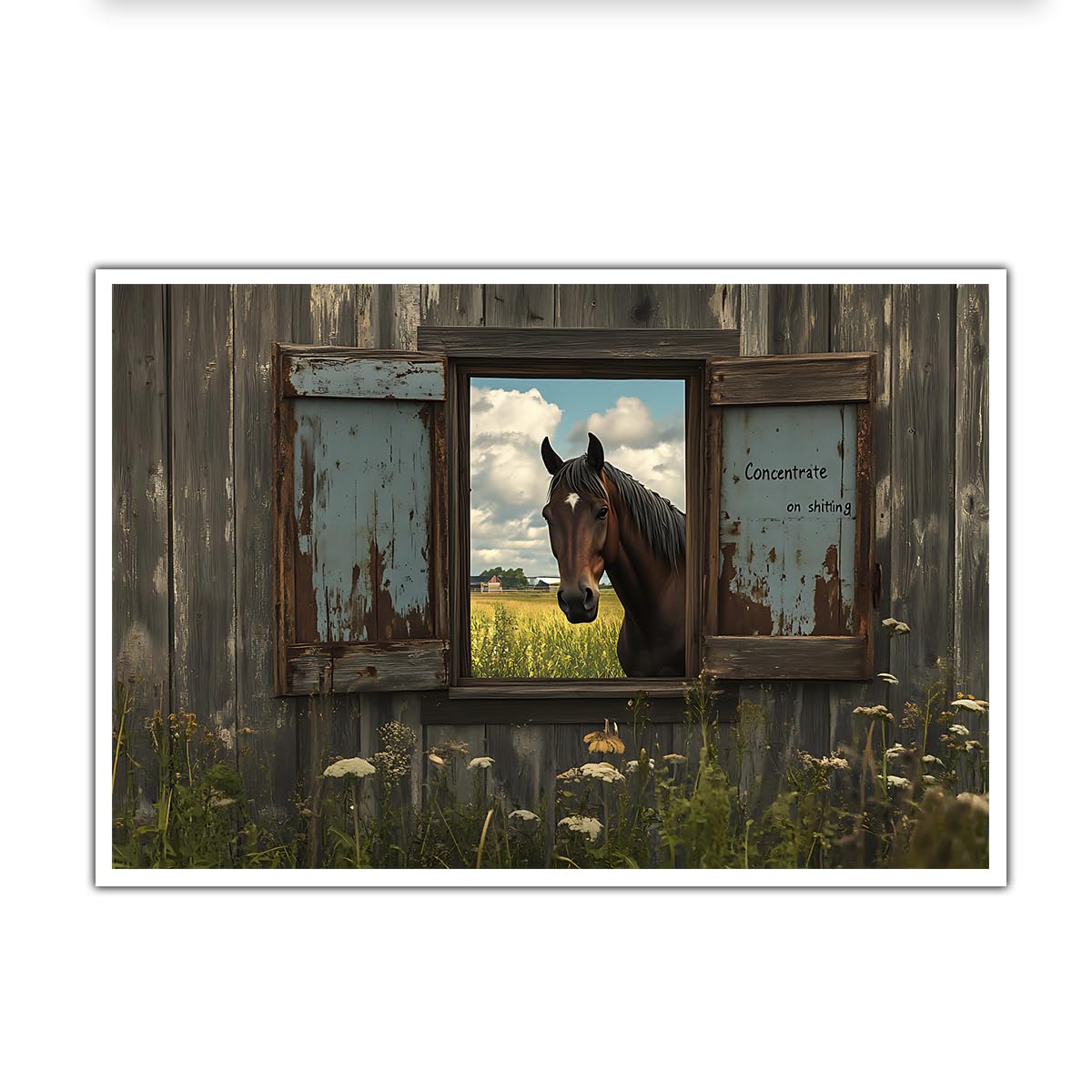 CHERHERART Sztuka ścienna vintage wiejski wiejski plakat wydruki na płótnie brązowy koń w rustykalnym oknie stodoły obraz na płótnie do łazienki wystrój domu 85 x 140 cm bez ramy