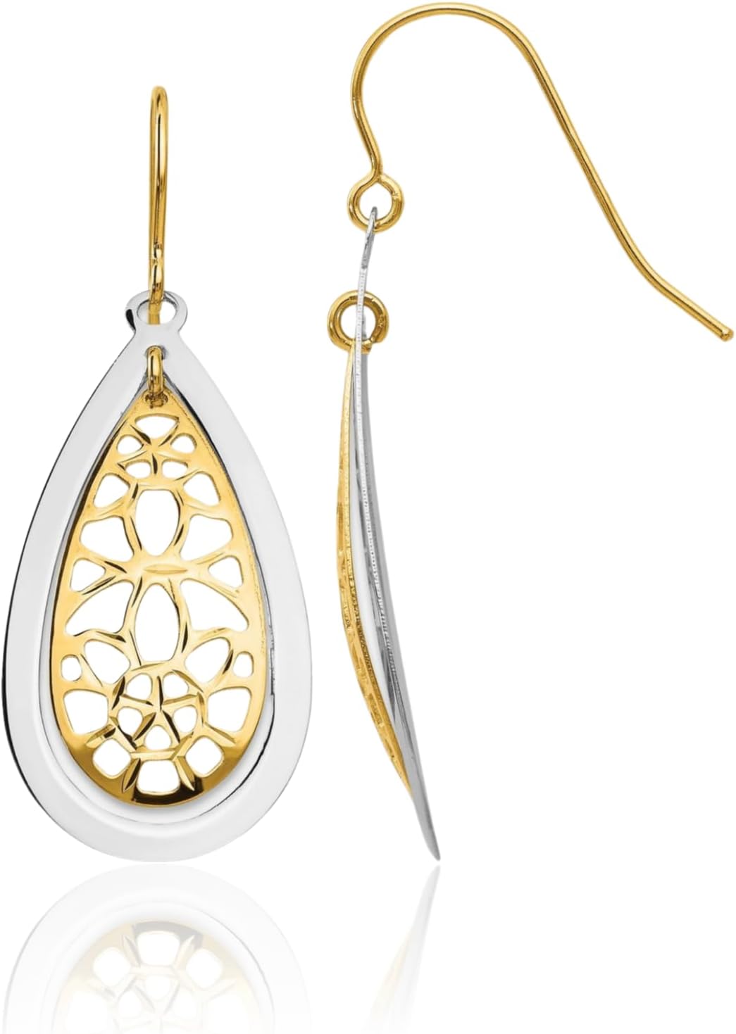 IceCarats 14K Solid Two Tone Gold Filigree Medium Dangle Earrings 38mm 1 1/2 inch Wire, Diamond Cut For Her