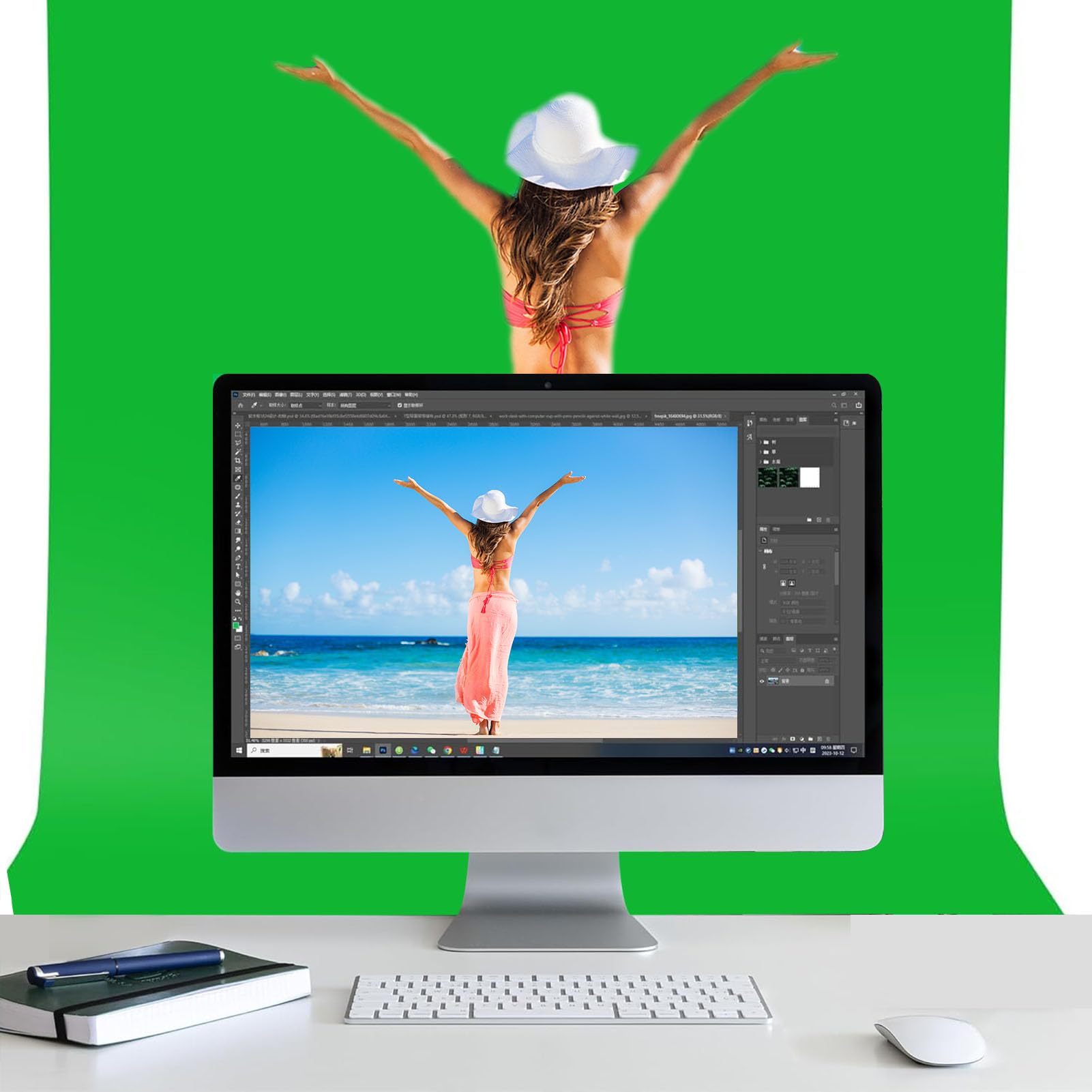 Kit de support Green Screen Backdrop - Toile de fond portable pour écran vert de 5 x 6,5 m avec support en forme de T et 5 clips pour le streaming, le jeu, le zoom