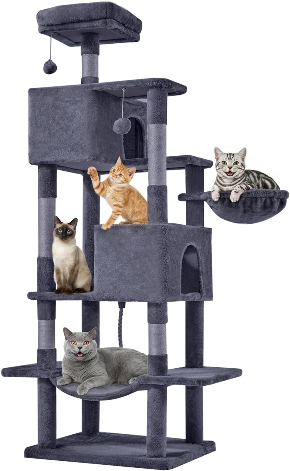 DUMOS Large Cat Tree Tower, 66 Inch Tall Multi Tier Cat Climbing Tower with Natural Sisal Scratching Posts, Hammock, Pet Condo for Indoor Cats and Kittens, Dark Grey