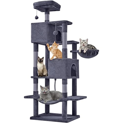 DUMOS Large 66 Inch Cat Tree Tower, Tall Multi Level Cat Climbing Tower with Natural Sisal Scratching Posts, Hammock, Pet Condo for Indoor Cats and Kittens Play, Dark Grey