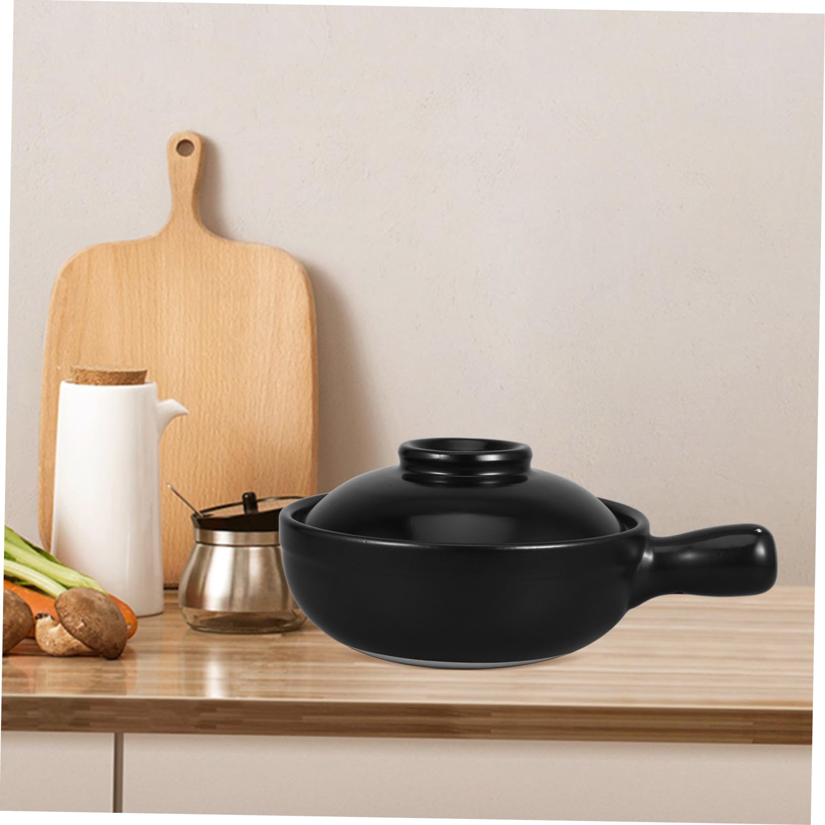 Cazuela de Barro Sola Asa 900ml con Tapa, Cerámica Negra | Recipiente Profundo para Gachas y Guisos, Uso Comercial y Microondas, Fácil de Limpiar