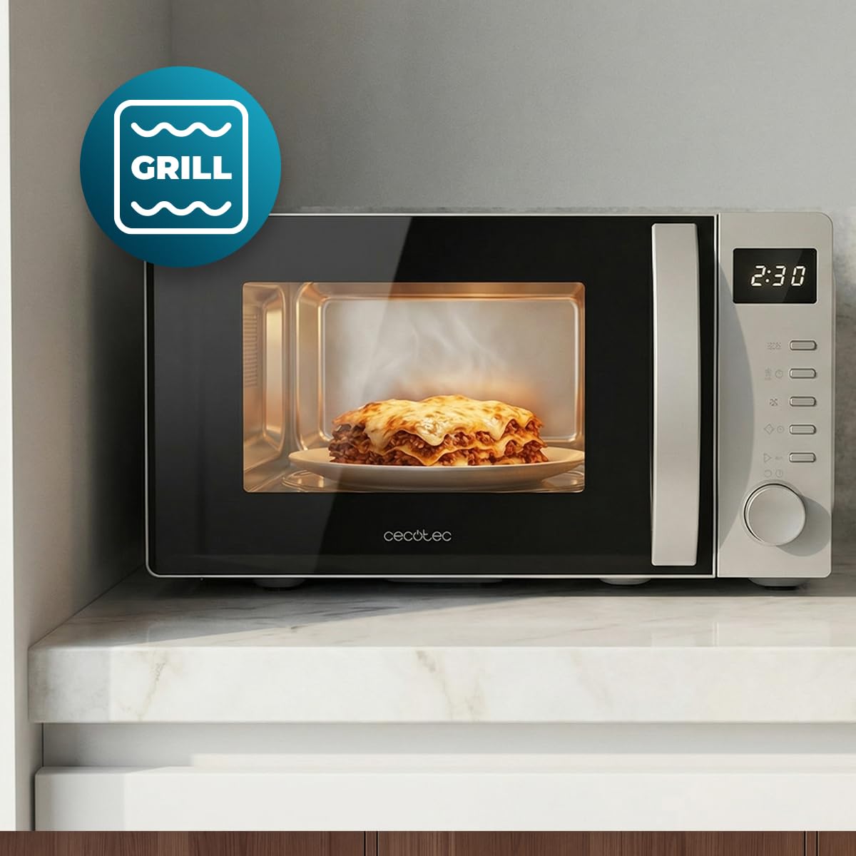 Cecotec Micro-ondes avec Grill 20L Proclean 5105 Silver 700W | Technologie 3DWave, 5 Niveaux, Minuterie 30Min, Décongélation, Écran avec Horloge, Gratins Parfaits, Avertissement Acoustique