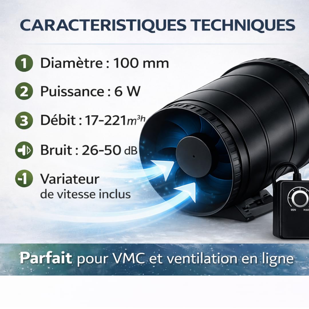 Extracteur d'Air 100 mm avec Variateur – Ventilateur de Gaine Silencieux 6 W, Débit 221 m³/h, pour VMC, Salle de Bain, Cave, Garage, Culture Hydroponique