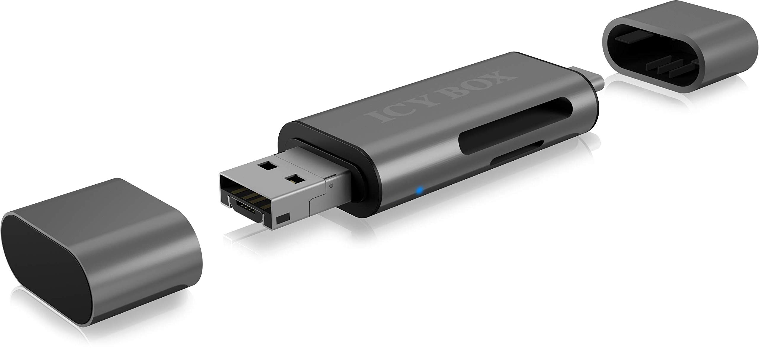 ICY BOXUSB OTG Card Reader Stick for Android Smartphone and Tablet, SD and Micro SD, 3 USB Ports (USB-C, USB-A, Micro USB), External, Grey