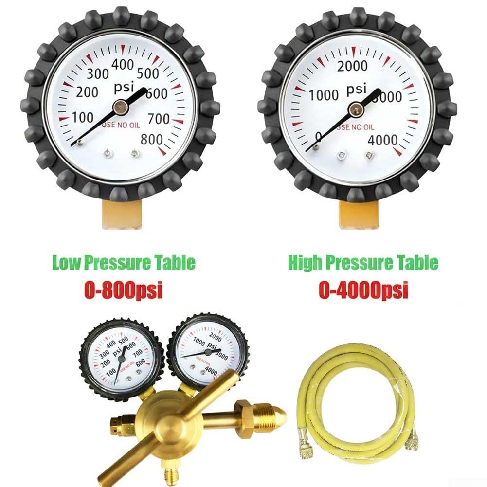 Regolatore di pressione per azoto HVAC con doppi manometri, ingresso CGA580, porta di scarico svasata da 1/4", intervallo di consegna 0-800 PSI, lunghezza del tubo da 199,9 cm