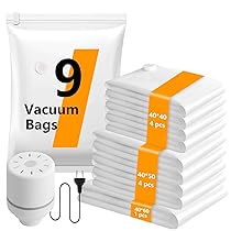 Sacchi Sottovuoto Vestiti con Pompa Elettrica, 9 Pezzi di Buste Sottovuoto Vestiti Riutilizzabili (4 * 40x40cm ,  4 * 40x50cm ,  1 * 40x60cm), Sacchetti Sottovuoto Piumoni per Maglioni, Camicia, Viaggi