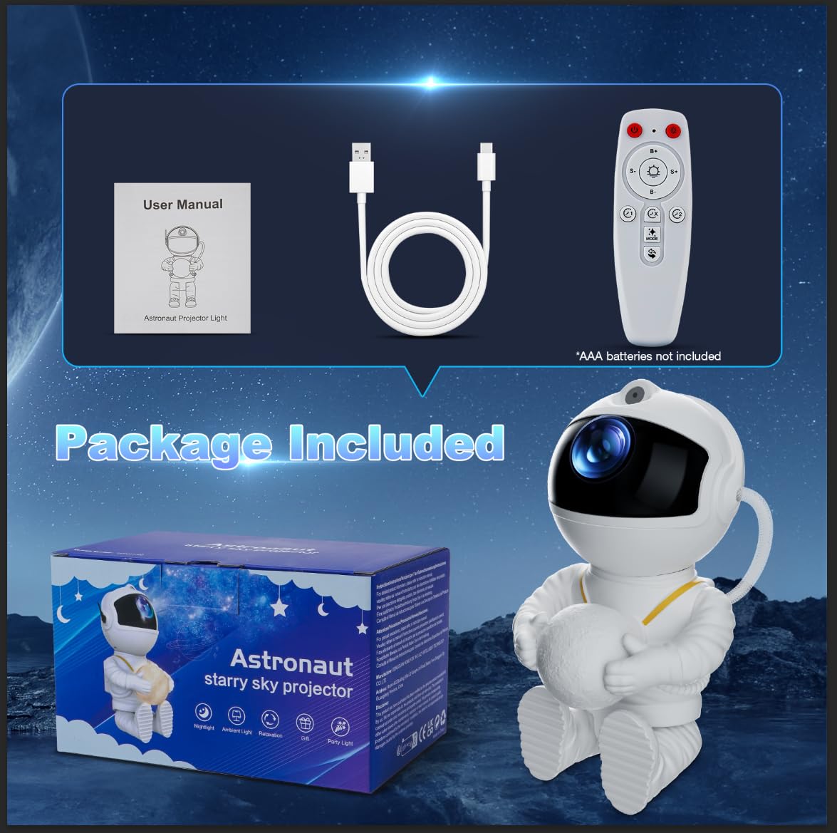 Feliigo Proyector Estrellas, LED Astronauta Proyector Galaxy, 8 Modos de Iluminación, Rotación 360° y Mando a Distancia–de Luz Aurora con Control Remoto, luz nocturna infantil