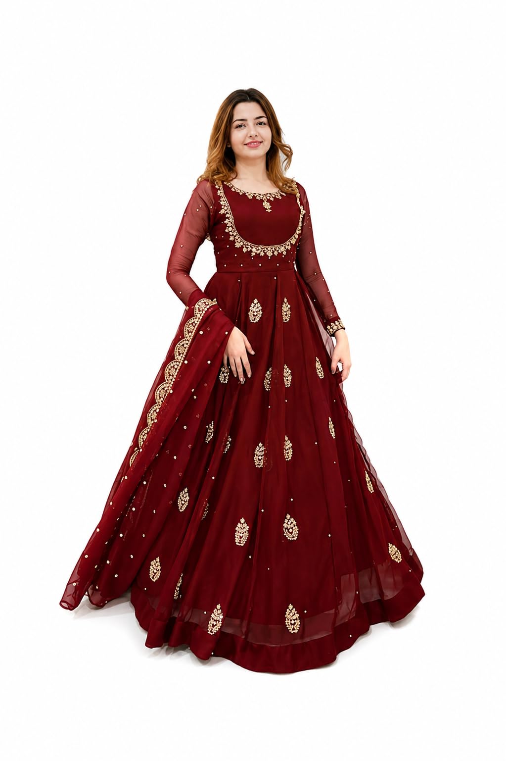 Women's Georgette Ethnic Gown with Dupatta, Ankle Length Flared Dress, Full Sleeves, Traditional Indian Wear-image-1