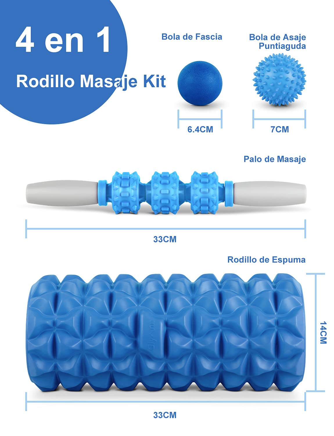 Glymnis - Rodillo de masaje muscular de espuma 4 en 1 con 1 rodillo de espuma 1 palo de masaje y 2 bolas de masaje para relajar los músculos para reducir el dolor corporal