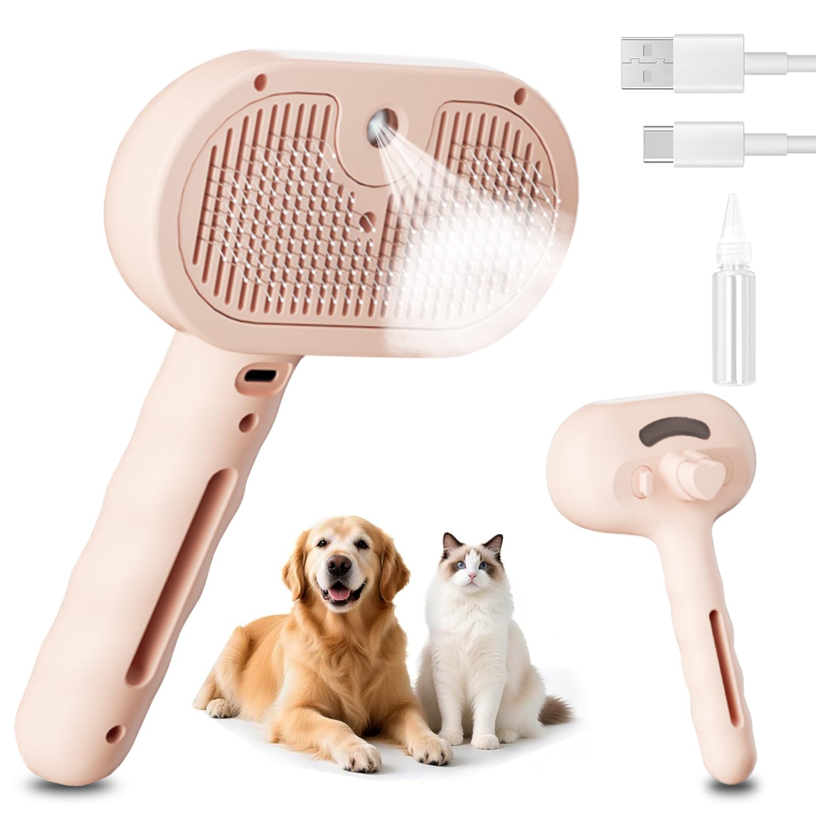 Steam Brush for Cats, Multi-Purpose Spray Brush for Cats and Dogs Massaging, Beauty, Grooming, for All Types of Long and Short Hair, Pink