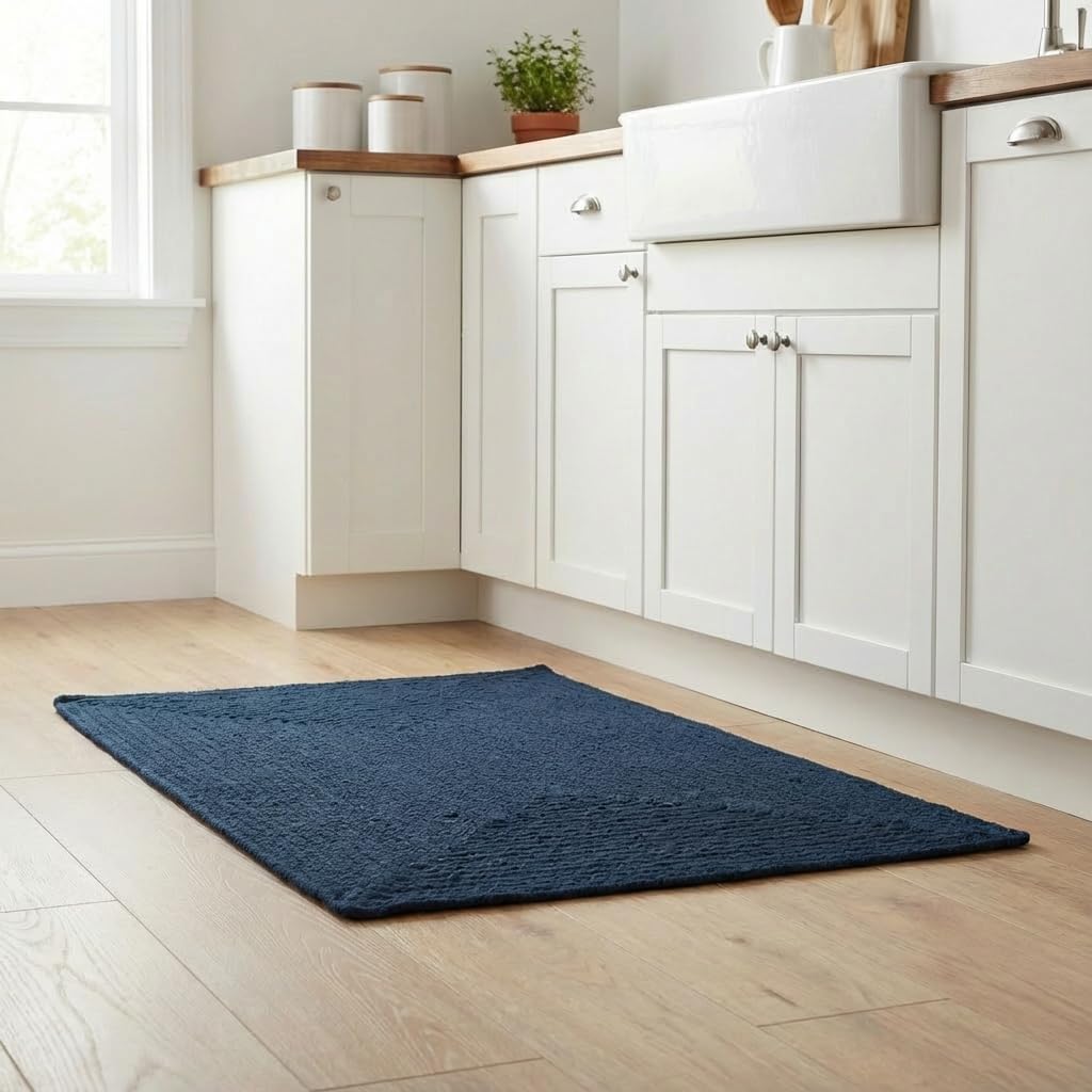 Super Area Rugs Lichfield Braided Kitchen Rug - Door Mat for Front Door - Solid Reversible Indoor/Outdoor Washable Woven Rug Navy 2' x 3' Rectangle