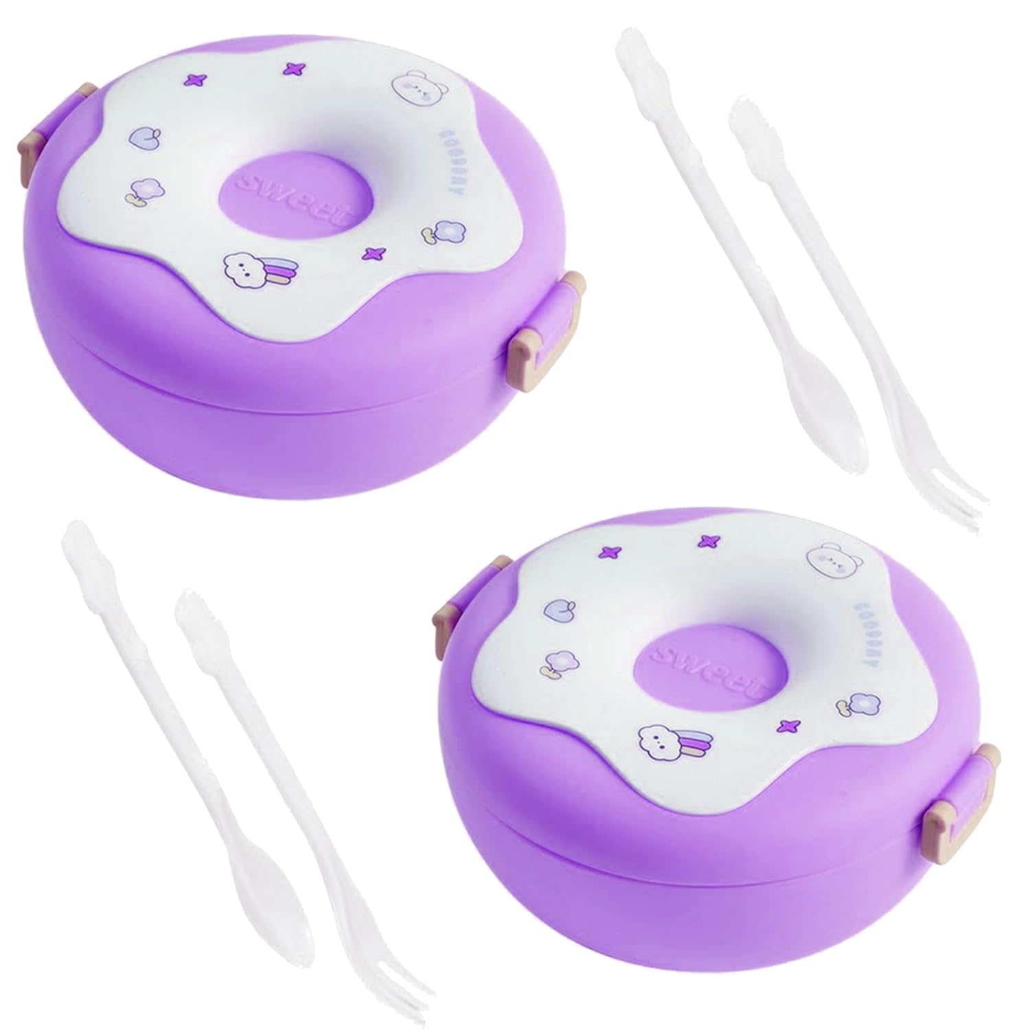 BHAVYARPAN Donut Shaped Double Insulated 3 Compartment Lunch Box with Spoon and Fork 1000Ml (Pack of 2, Purple)