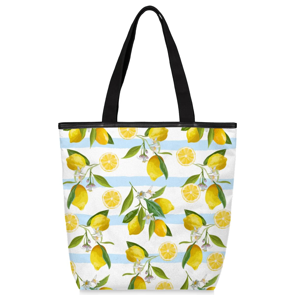 Mularoka Striped Lemon Leaves Canvas Tote Bag with Zipper and Pockets Canvas Tote Shopping Bag Women Reusable Grocery Bag for Beach Travel Gym Shopping