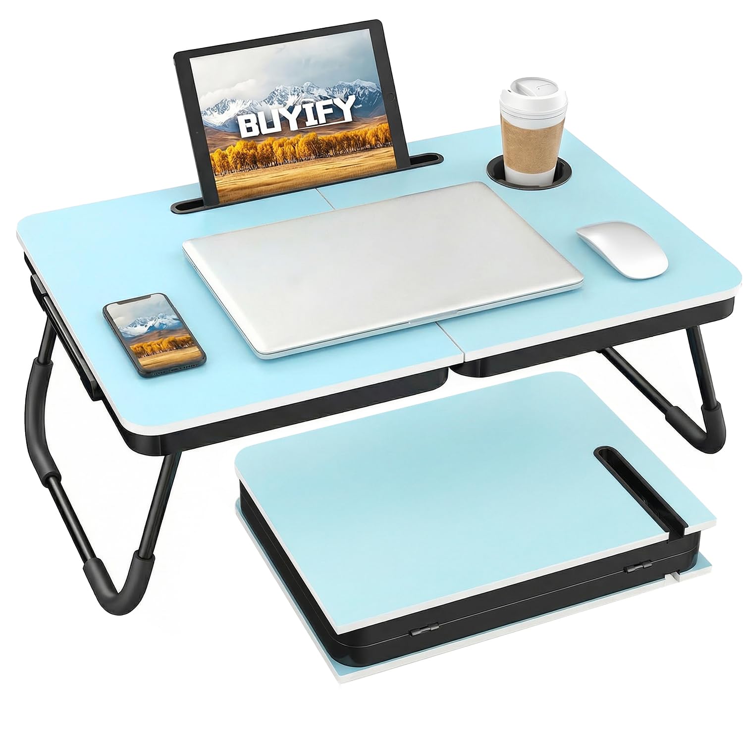 BUYIFY 23.4" Foldable Lap Desk Bed Table with Cup Holder Tray Blue