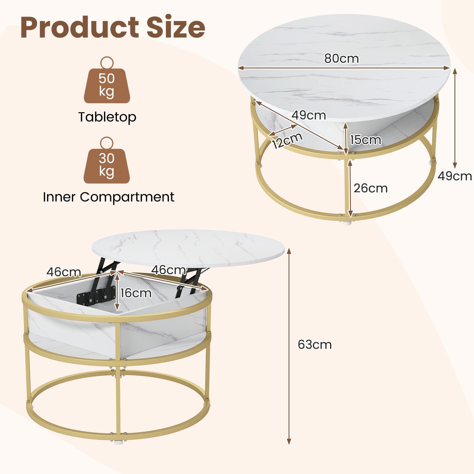 GIANTEX Table Basse Relevable, Aspect Imitation Marbre, Espace de Rangement Caché, 4 Étagères Latérales, Coussinet de Pied Réglable, Table d'Appoint pour Salon, Bureau, 80 x 80 x 49 cm, Blanc