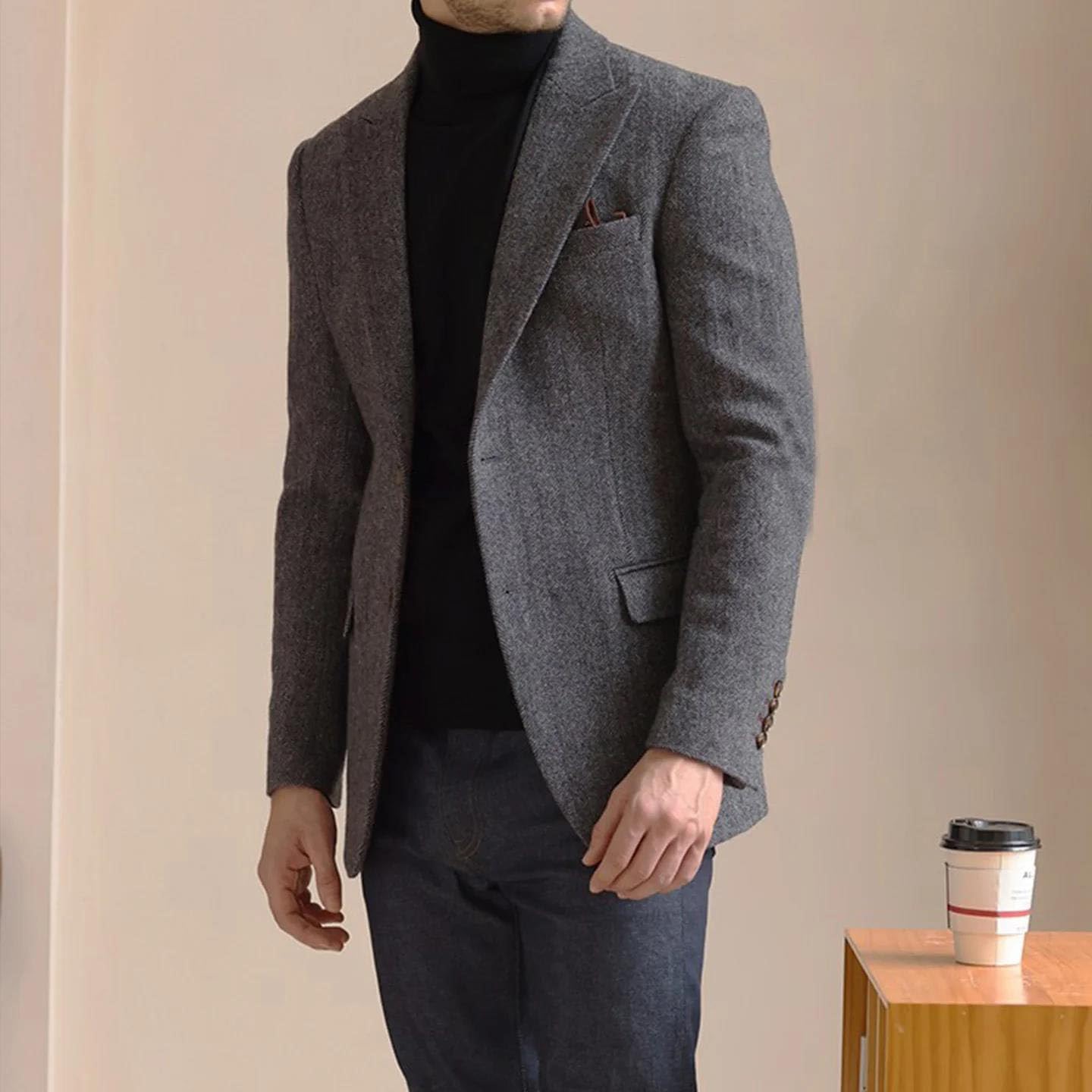 Men Autumn Winter American Retro Large Size Suit Jacket Herringbone Woolen Light Mature Suit Jacket