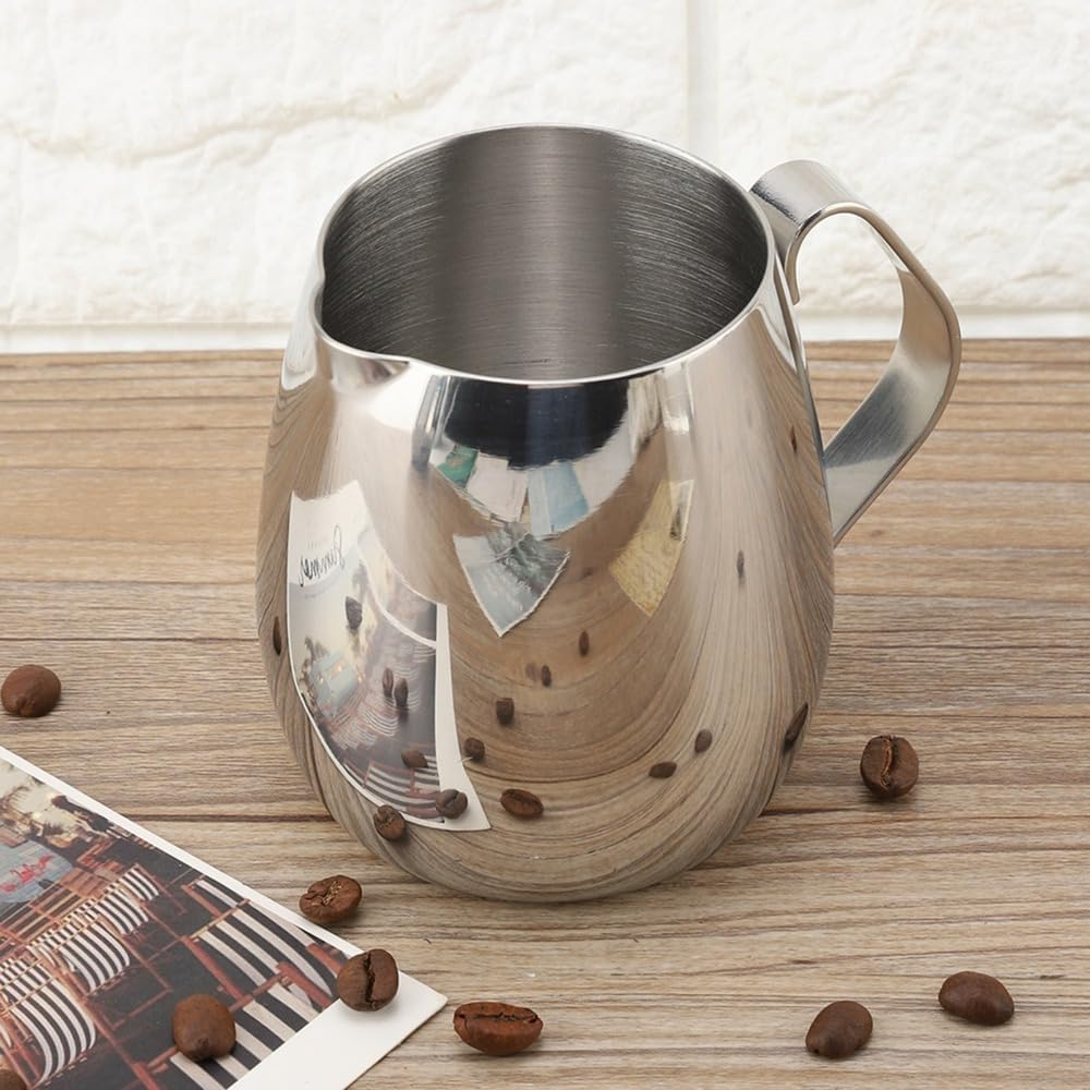 Stainless Steel Milk Frothing Pitcher with Spout Design & Anti-Slip Handle Barista Steaming Jug for Latte Art Espresso Machine Accessory(350ml)