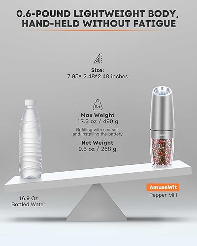 Miniatura 6 de AmuseWit Gravity Juego de Molinillos Eléctricos de Sal y Pimienta Luz Blanca - Molinos de Sal y Pimienta Automáticos a Pilas, Grosor Ajustable,