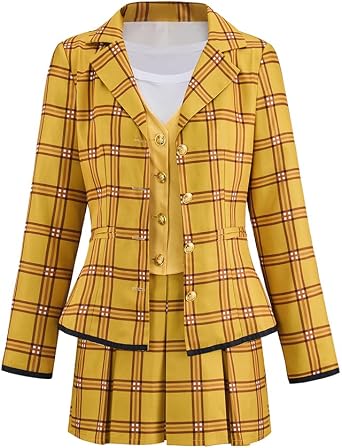 MelangCos Womens Fancy Yellow Plaid Costume School Uniform Suit Jacket Shirt Vest Skirt Set Halloween Outfit