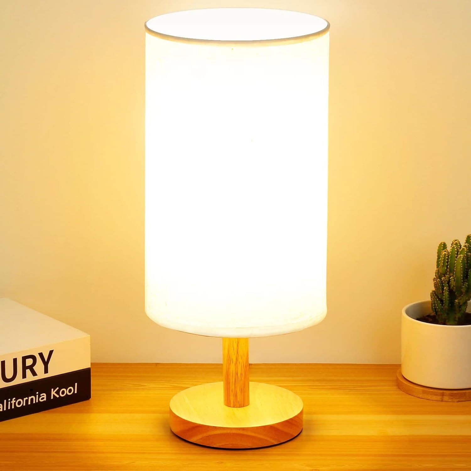 AFROG Table Lamp for Bedroom - 3 Way Dimmable Nightstand Lamp with Round Flaxen Fabric Shade for Living Room Kids Room Office Dorm,Solid Wood,12W, LED Bulb Included