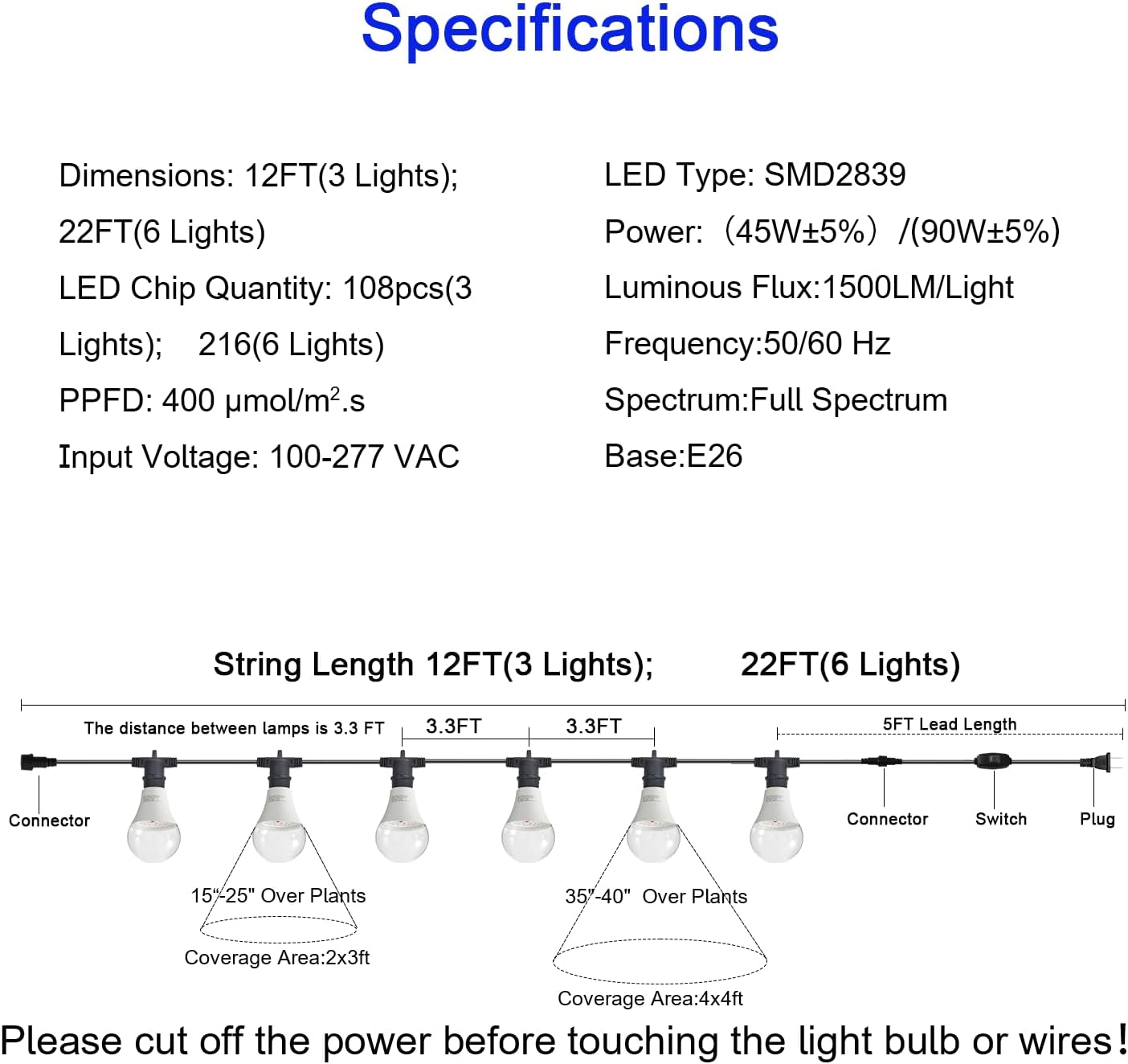 LED Grow Light String Bulb A25 Bulb, Full Spectrum Growing Lamp Bulbs E26 Base, 15W 130W Equivalent, Outdoor and Indoor Plants, Seed Starting (3 Bulbs 45W (12FT))