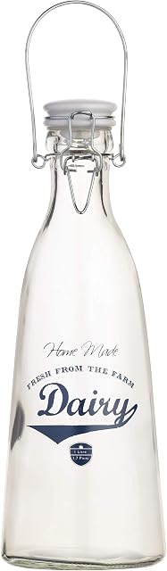 KitchenCraft KCHMBTL1L Home Made Glass Milk Bottle with Lid, 1 Litre, Blue