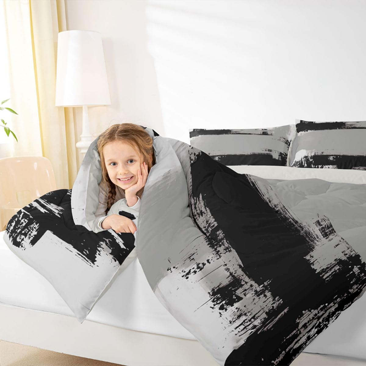 Loussiesd Abstrakcyjny zestaw kołdry całoroczny szary czarny zestaw pościeli z 2 poszewkami na poduszki sztuka nowoczesna mikrofibra dzieci king size pościel sypialnia dekoracja puchowa kołdra