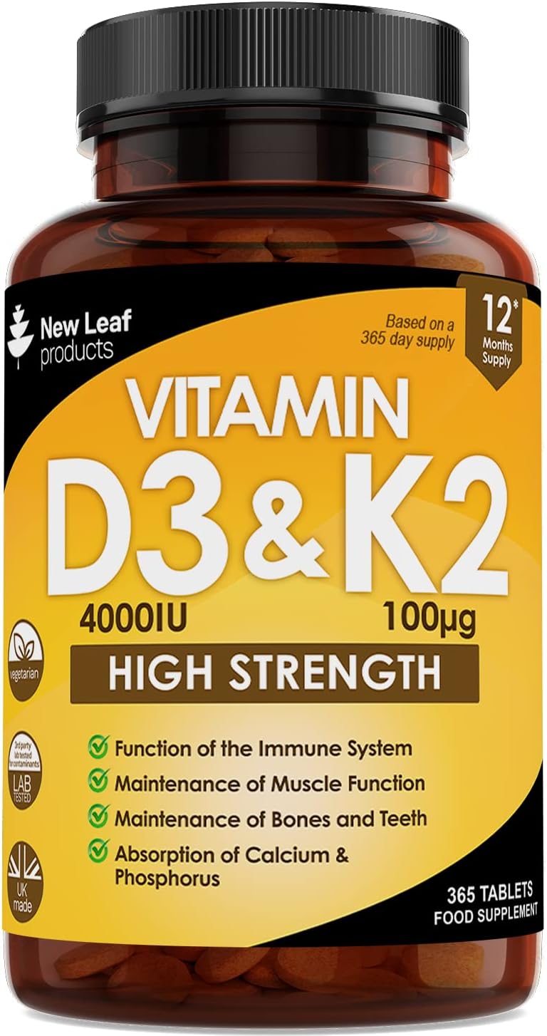 Vitamin D3 K2 – Vitamin D3 4000iu & Vitamin K2 100ug (MK7) 1 Year Supply, Supports Immunity, Calcium Absorption and Bone Health, Non-GMO, UK Made by New Leaf 365 Micro Small Vegetarian Tablets,
