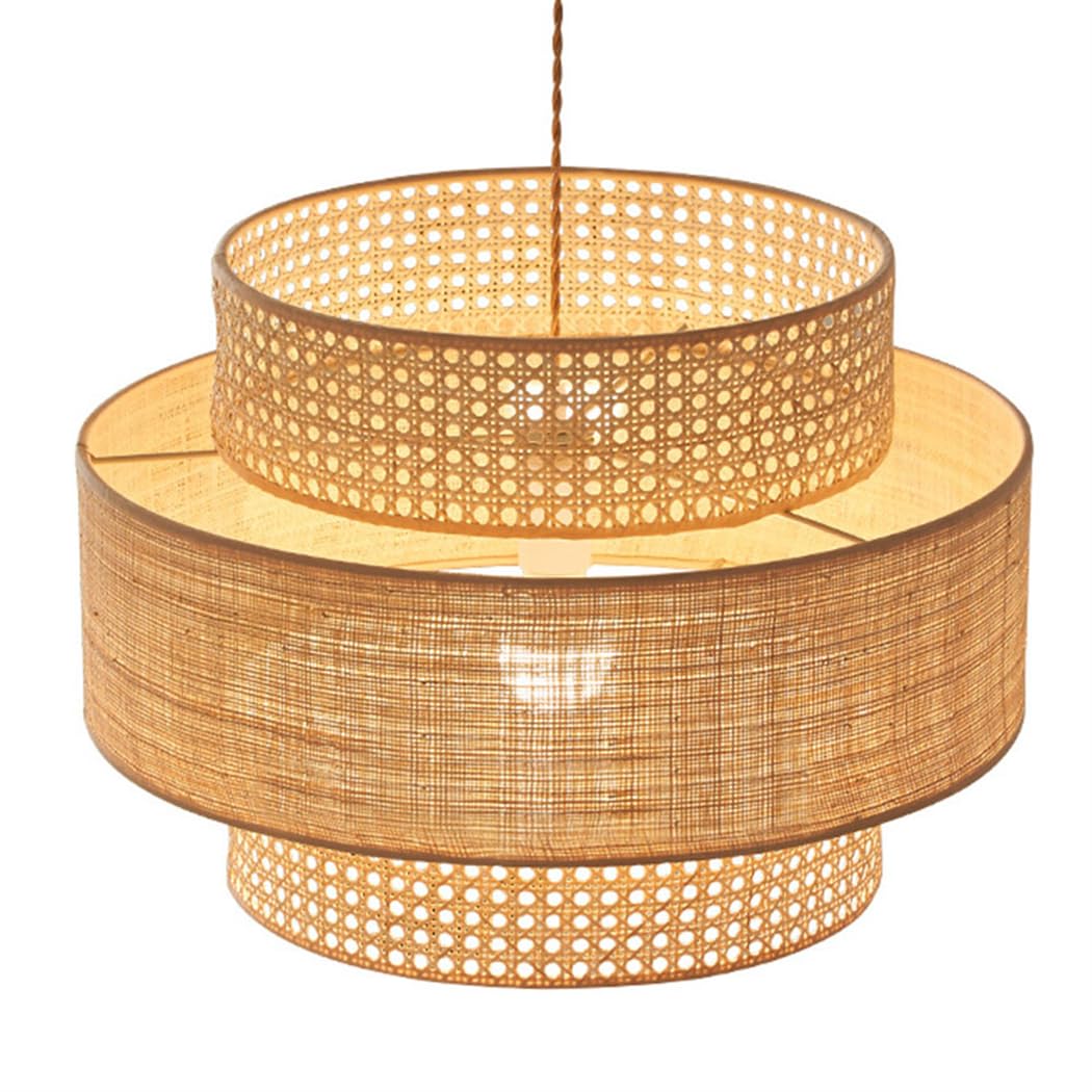 LYMSXAZOU 23.6in Large Frame Rattan Chandelier 3 Layers Bamboo Woven Cage Hanging Lampshade Flush Mount Ceiling Pendant Light For Kitchen Island Hallway Dining Room