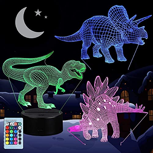 VSATEN 3D Dinosaur Night Light for Kids, 3D Illusion Lamp 3-Pattern & 16 Colors Change Decor Nightlight with Remote Control for Living Bed Room Bar, Best Dinosaur Toys Gifts for Boys Girls (3 Packs)